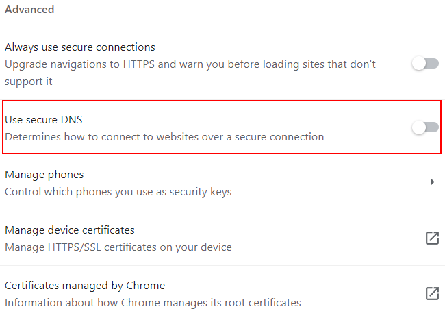 Google Chrome secure DNS option