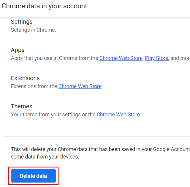 Google delete data button