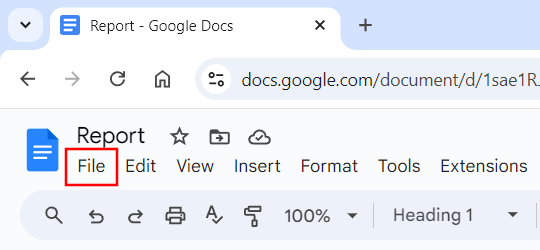 Google Docs menu file