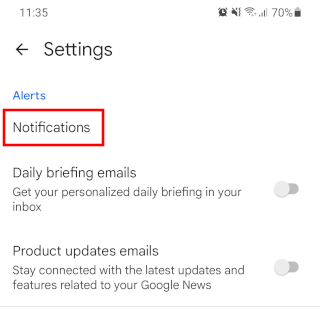 Google News app Notifications settings