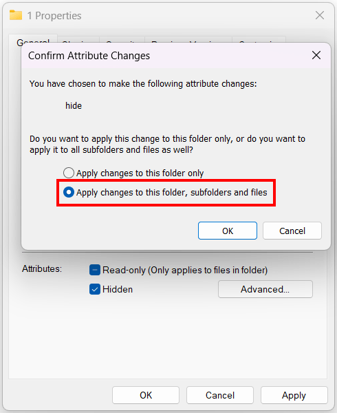 Hide a folder with subfolders and files in Windows 11
