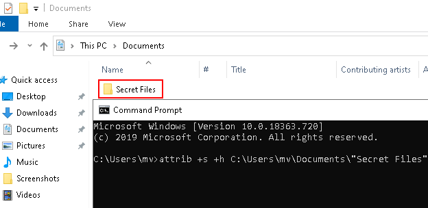 Hide files and folders in Windows 10 using CMD