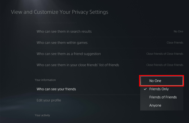 Hide friends list on the PlayStation 5