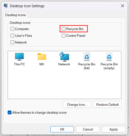 Hide the Recycle Bin icon from the desktop in Windows 11