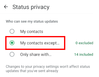 Hide WhatsApp status from some contacts