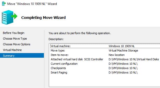 Hyper-V moving virtual machine summary