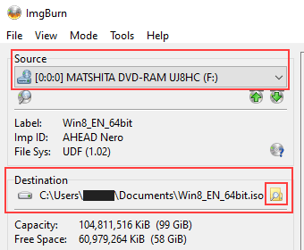 ImgBurn Source and Destination settings