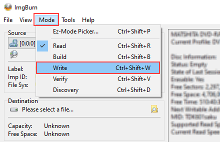 ImgBurn Write mode