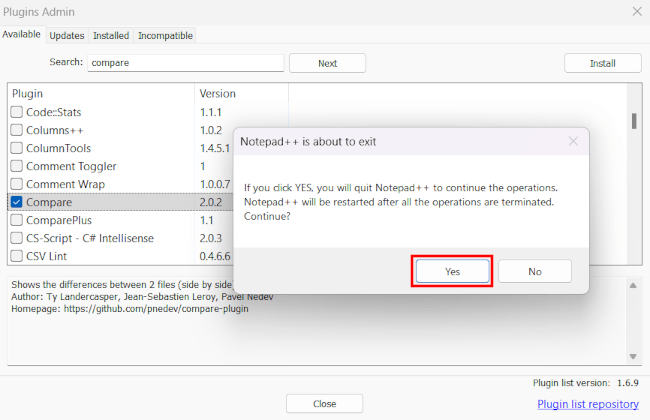 Install the Compare plugin in Notepad++