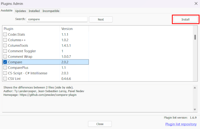 Install the Compare plugin in Notepad++