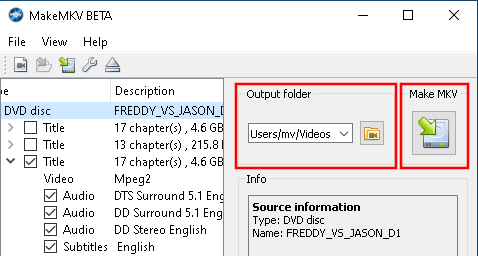 MakeMKV Destination Folder and Make MKV button