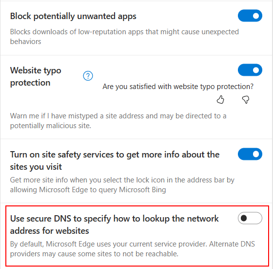 Microsoft Edge secure DNS option