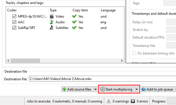 MKVToolNix Start multiplexing button