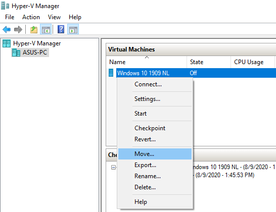 Move virtual machine option in Hyper-V