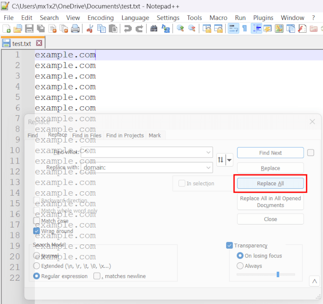 Notepad++ Replace All button