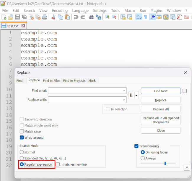 Notepad++ Replace dialog Regular expression