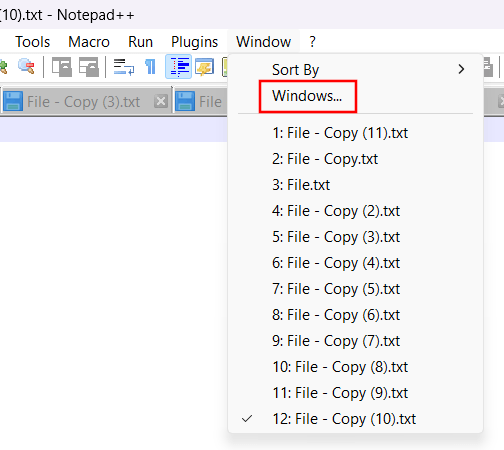 Notepad++ windows menu