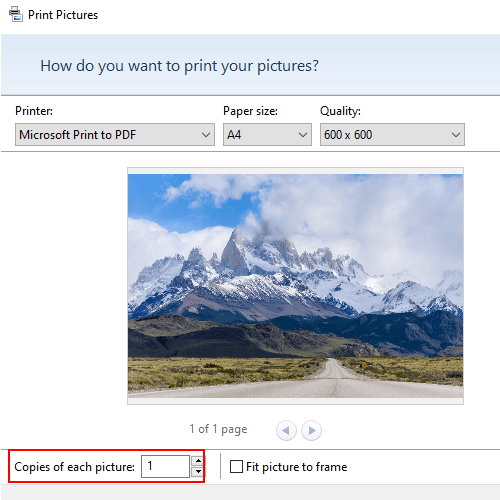 Number of copies setting in Print Pictures window in Windows 10