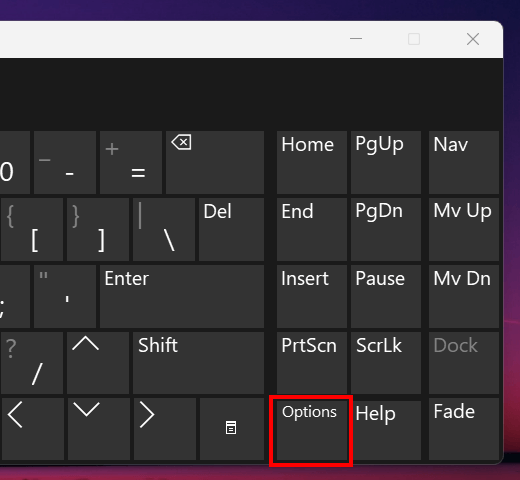 On-screen keyboard options key