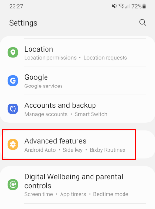Open Advanced features on Android