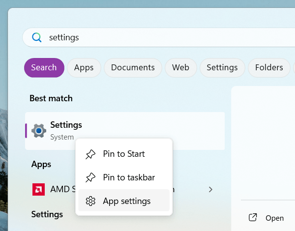 Open the app settings of settings app in Windows 11