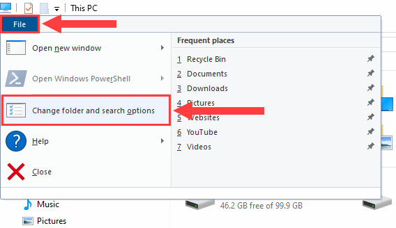 open change folder and search options in file explorer