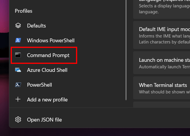 Command Prompt profile settings in Terminal