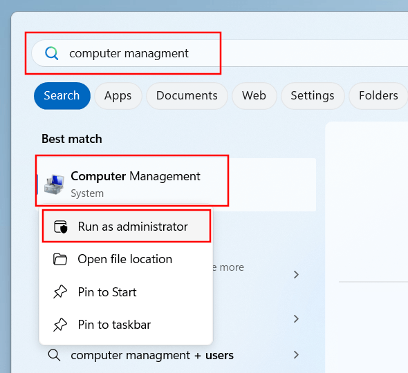 Open Computer Management as administrator