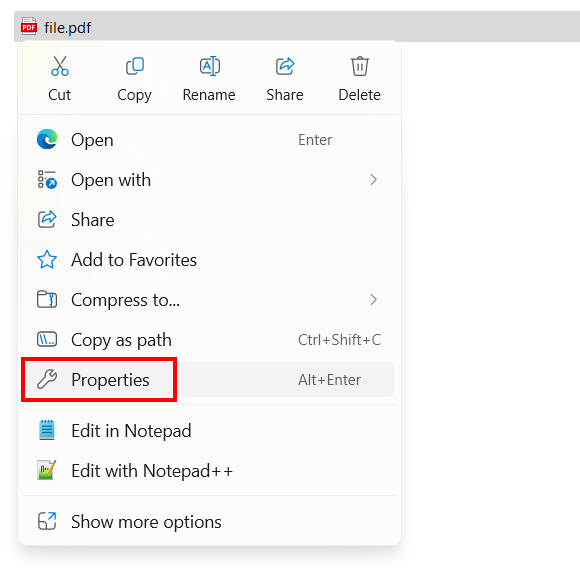 Open file or folder properties in Windows 11 File Explorer