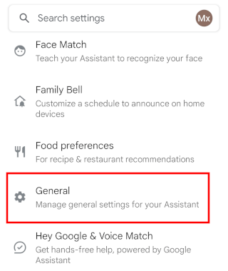 Open Google Assistant General settings