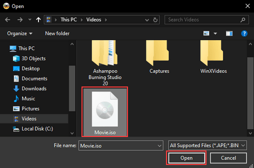 Open image file in ImgBurn