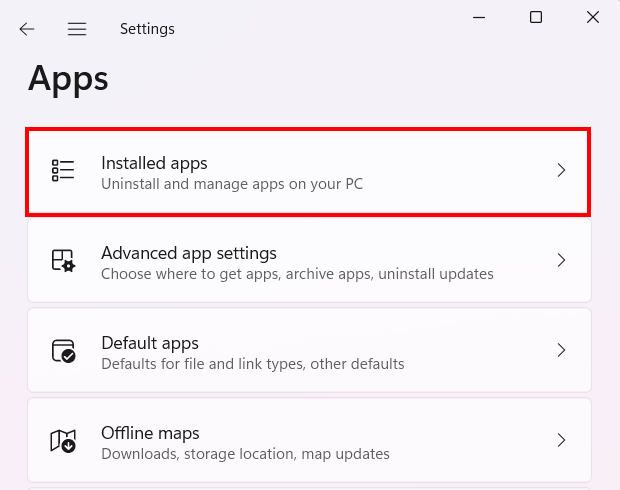 Open Installed apps in settings window