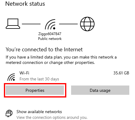 Open network properties in Windows 10