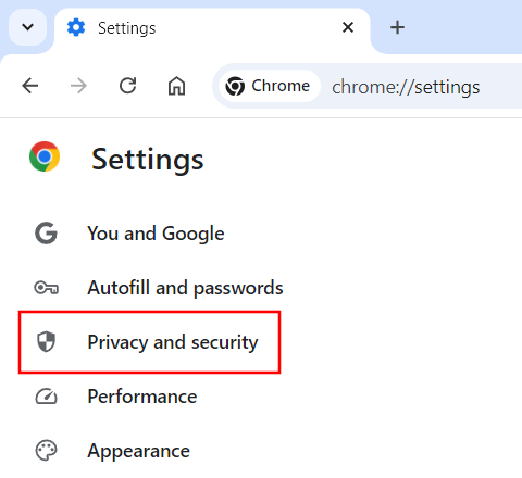 Open privacy and security settings in Google Chrome