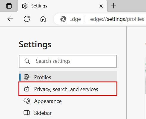 Open privacy search and services settings in Edge