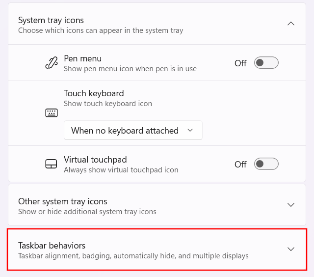 Open taskbar behavior settings in Windows 11