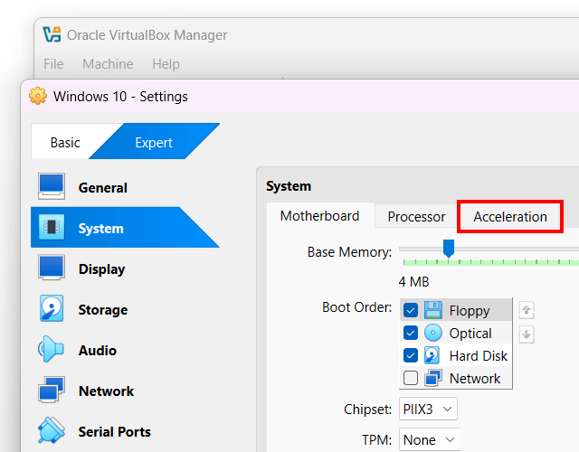 Open virtual machine acceleration settings in VirtualBox