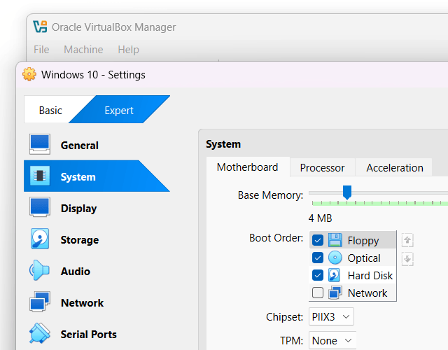 Open virtual machine system settings in VirtualBox