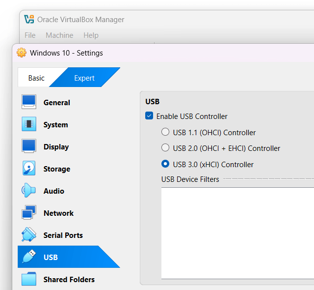 Open virtual machine USB settings in VirtualBox