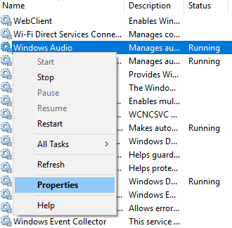 Open Windows Audio service properties