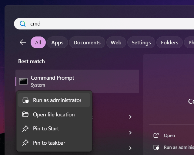 Open Windows Command Prompt as administrator on Windows 11