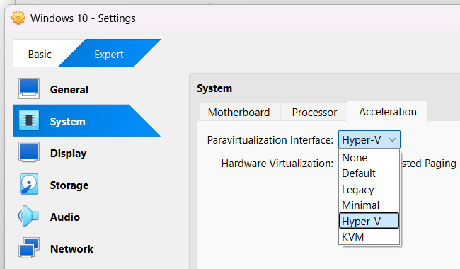 Paravirtualization Interface setting in VirtualBox