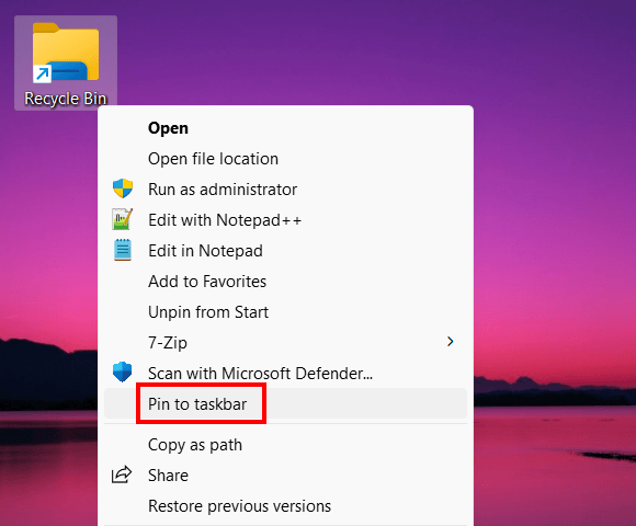 Pin Recycle Bin shortcut to taskbar