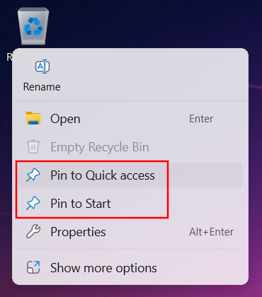 Pin Recycle Bin to Quick access or Windows start menu