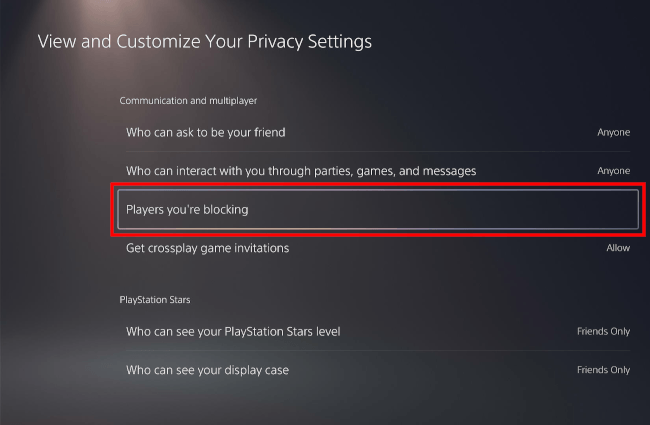 Players you're blocking on the PS5