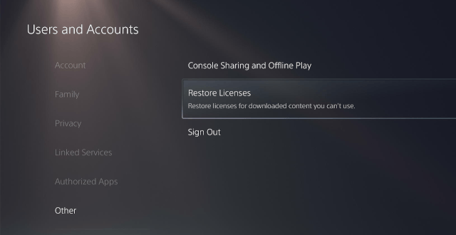 PlayStation 5 Restore licenses