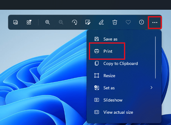 Print option in Windows 11 Photos app