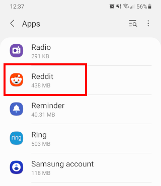 Reddit app in apps list