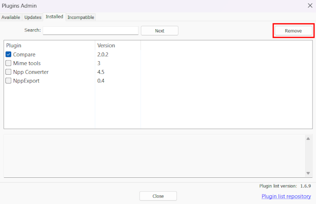 Remove plugin from Notepad++