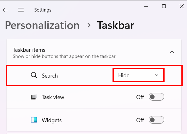 Remove search bar or icon from the Windows 11 taskbar